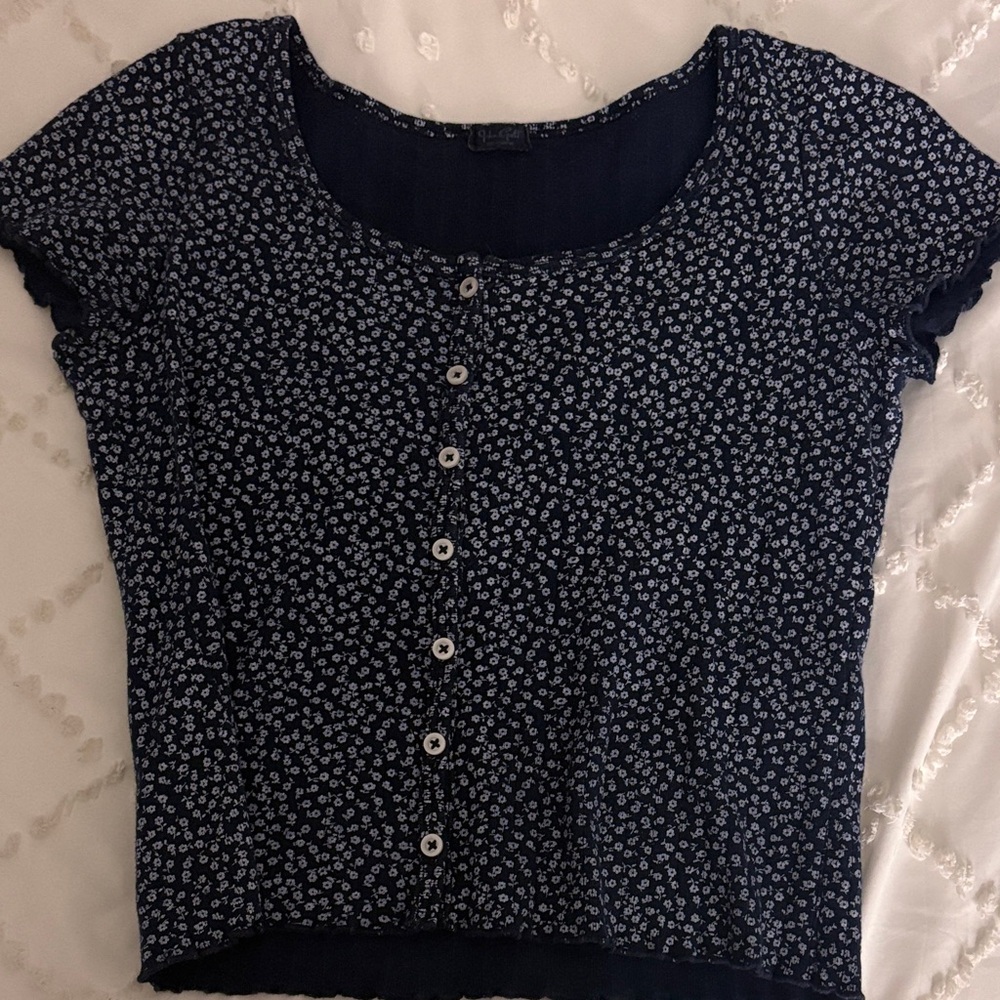 Brandy Melville Floral Button-Up Navy Top